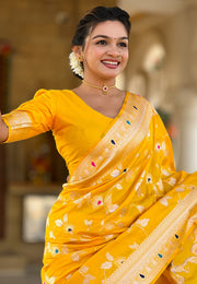 Yellow Banarasi Silk Saree With Blouse