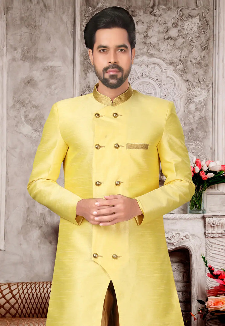 Yellow Brocade Silk Indo Western Suit