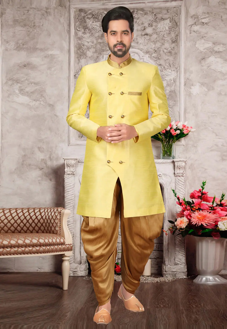 Yellow Brocade Silk Indo Western Suit