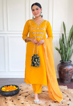 Load image into Gallery viewer, Yellow Chanderi Silk Readymade Pant Style Suit
