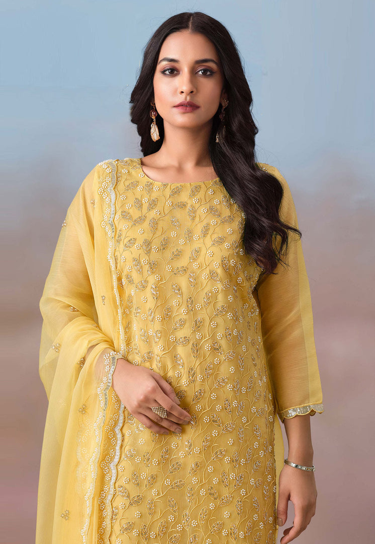 Yellow Chiffon Embroidered Pakistani Suit