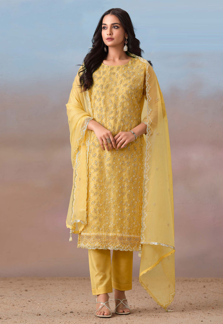 Yellow Chiffon Embroidered Pakistani Suit