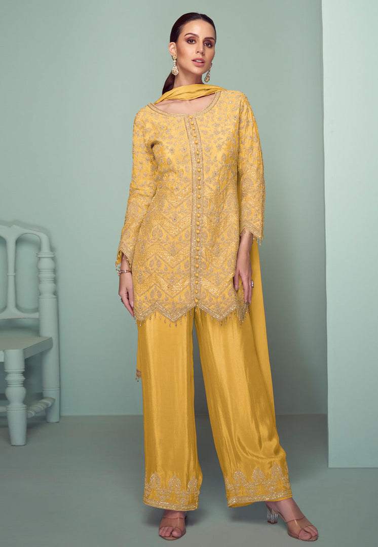 Yellow Chinon Embroidered Palazzo Suit