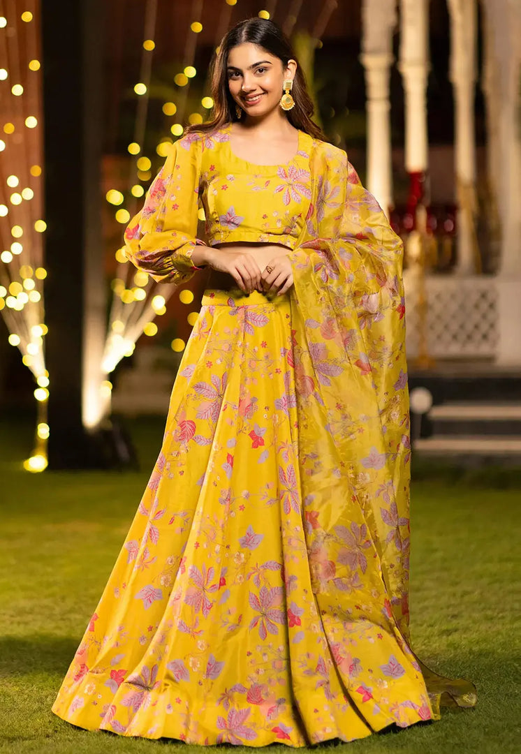 Yellow Chinon Floral Lehenga choli