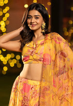 Load image into Gallery viewer, Yellow Chinon Floral Lehenga choli
