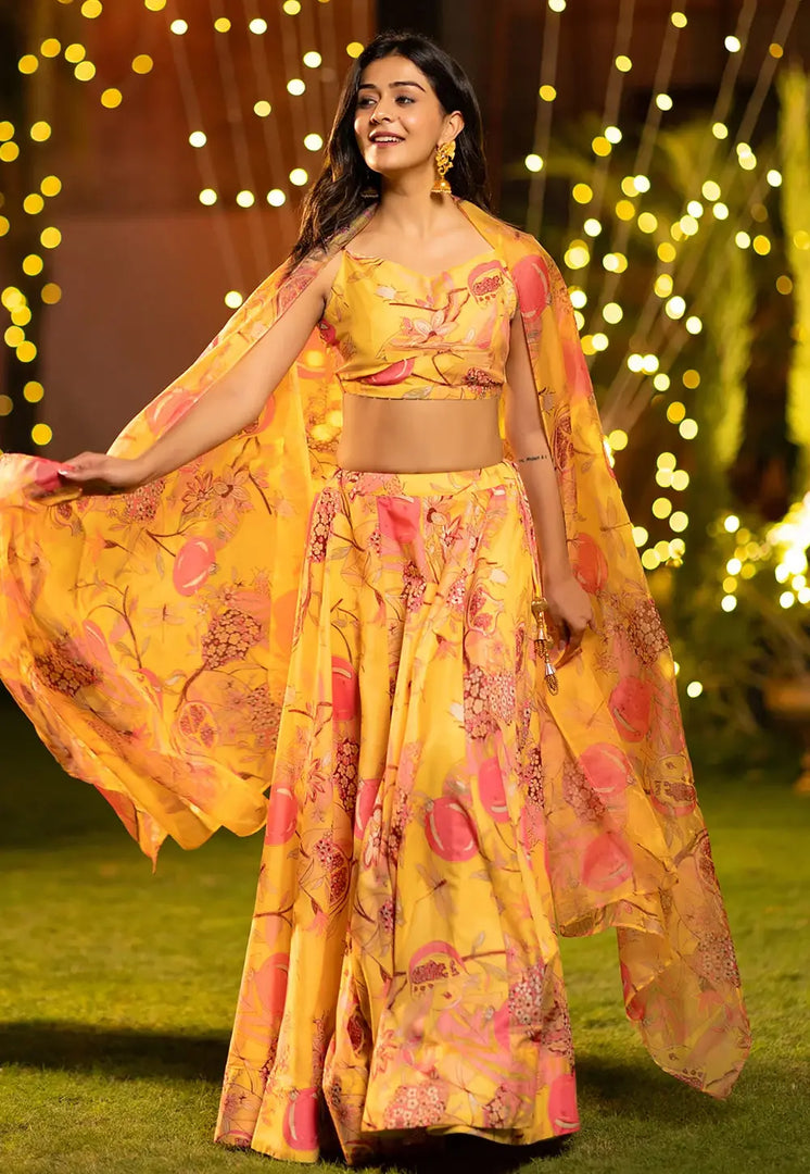 Yellow Chinon Floral Lehenga choli