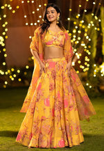 Load image into Gallery viewer, Yellow Chinon Floral Lehenga choli
