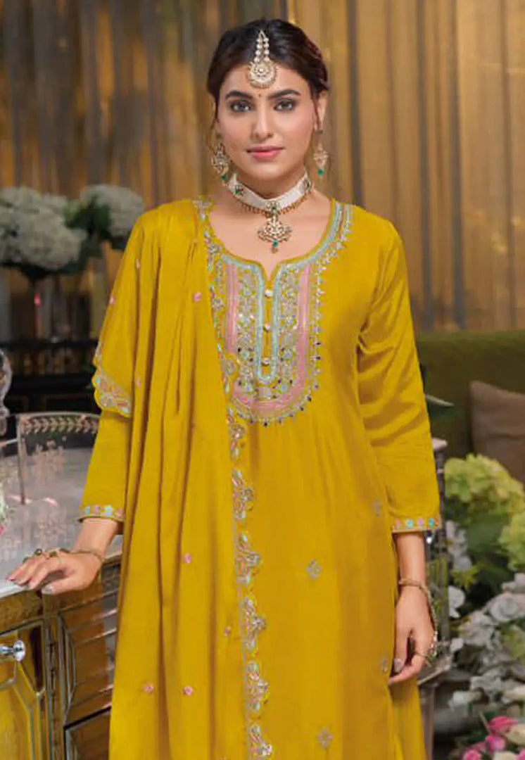 Yellow Chinon Long Choli Lehenga