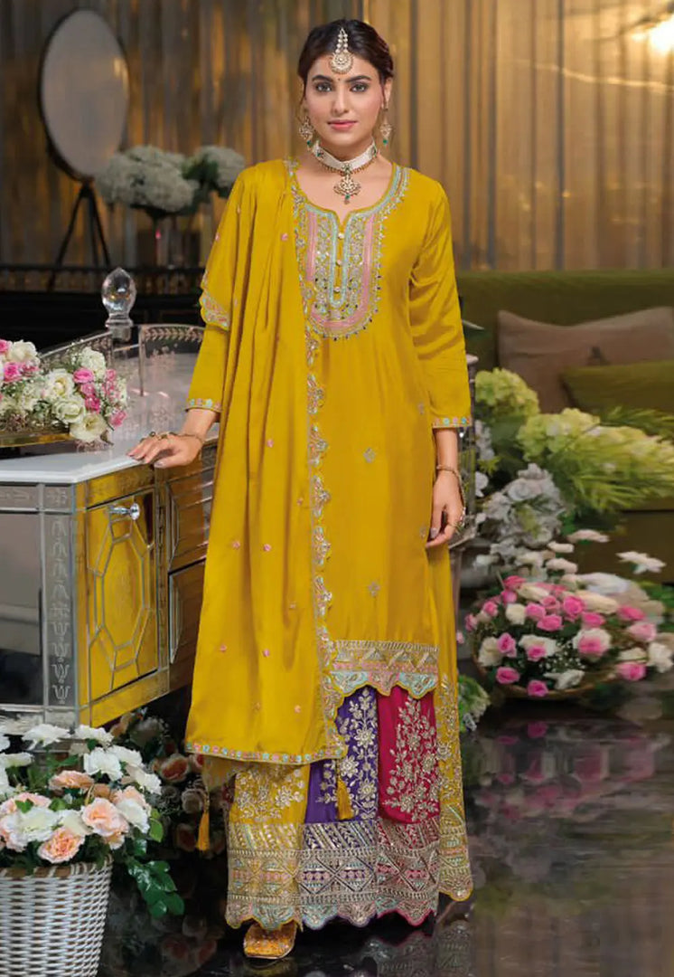 Yellow Chinon Long Choli Lehenga