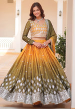 Load image into Gallery viewer, Yellow Chinon Readymade Circular Lehenga Choli
