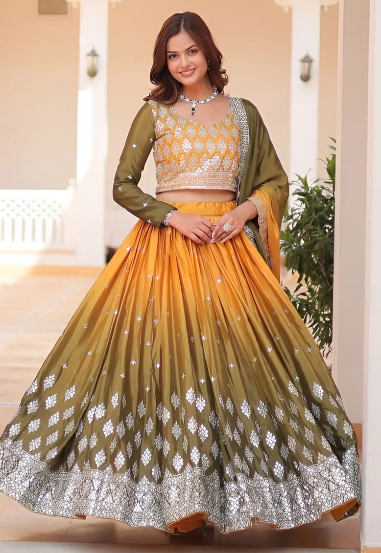 Yellow Chinon Readymade Circular Lehenga Choli