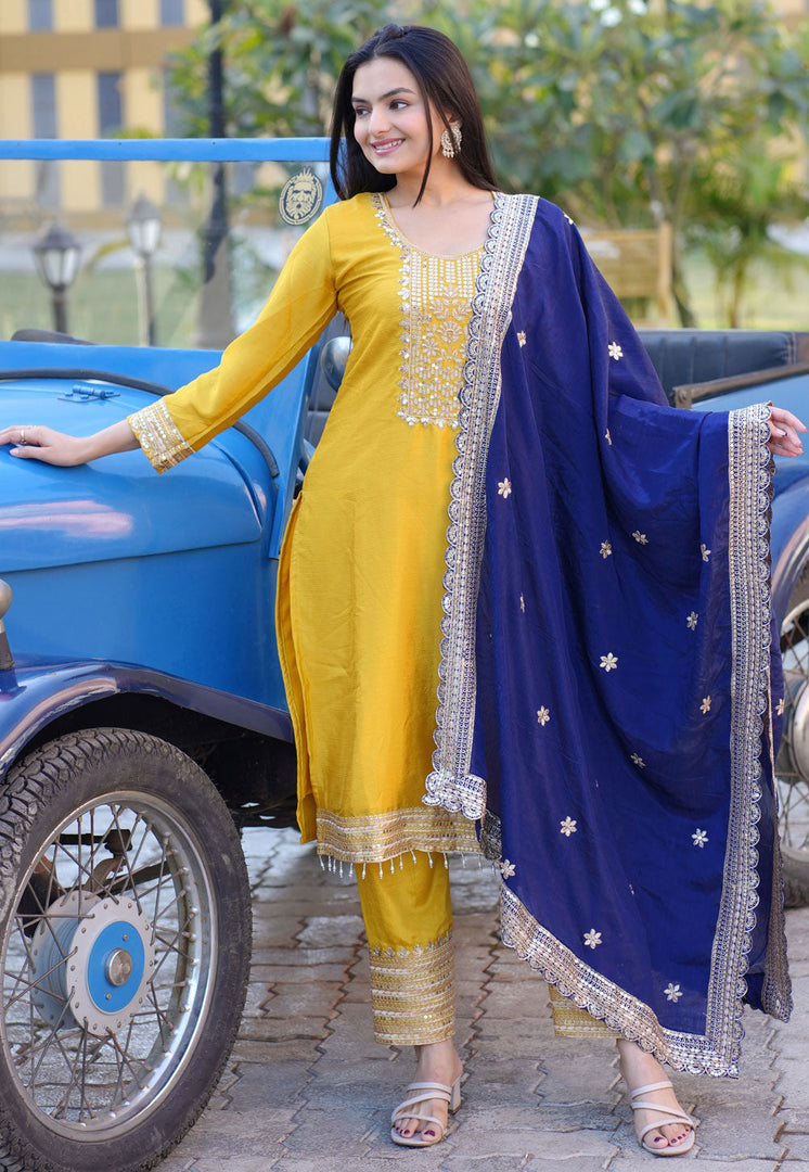 Yellow Chinon Readymade Pant Style Suit