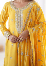 Load image into Gallery viewer, Yellow Chinon Silk Readymade Pant Style Suit
