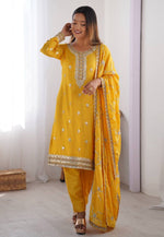 Load image into Gallery viewer, Yellow Chinon Silk Readymade Pant Style Suit
