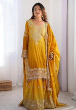 Load image into Gallery viewer, Yellow Chinon Silk Readymade Sharara Suit
