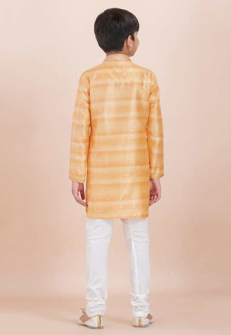 Yellow Cotton Jacquard Kids Kurta Pajama