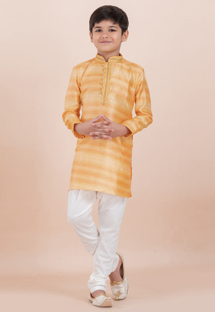 Yellow Cotton Jacquard Kids Kurta Pajama