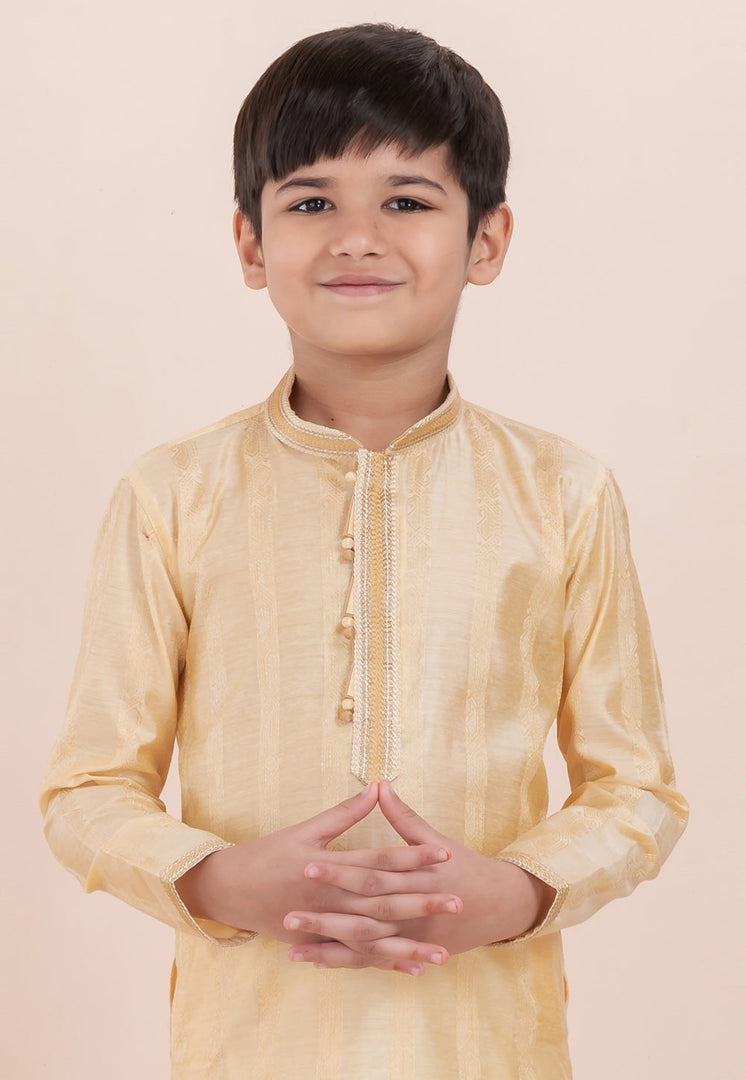 Yellow Cotton Jacquard Kids Kurta Pajama
