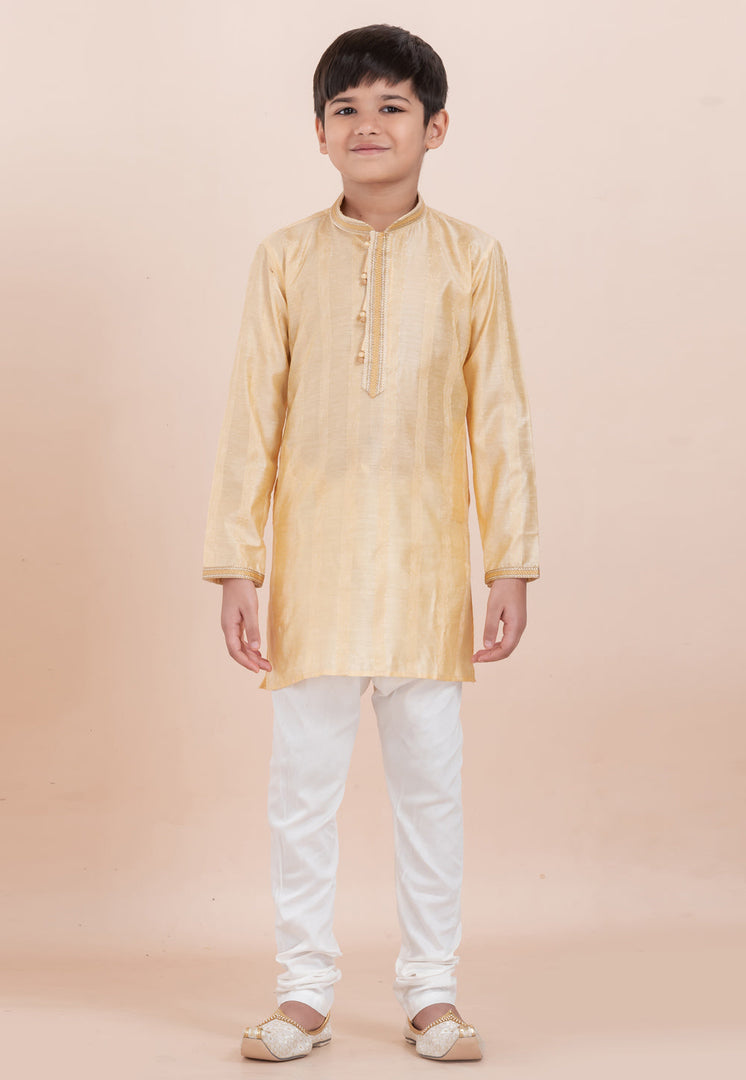 Yellow Cotton Jacquard Kids Kurta Pajama