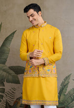 Load image into Gallery viewer, Yellow Cotton Kurta Pajama With Jacket

