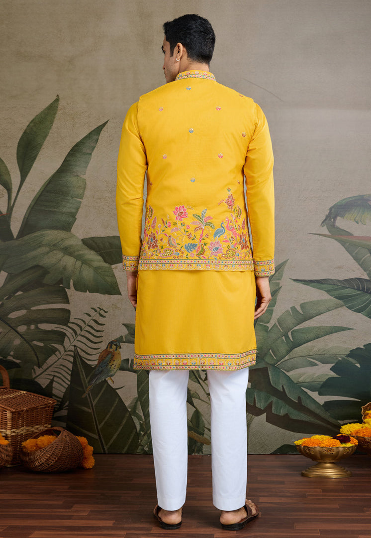 Yellow Cotton Kurta Pajama With Jacket