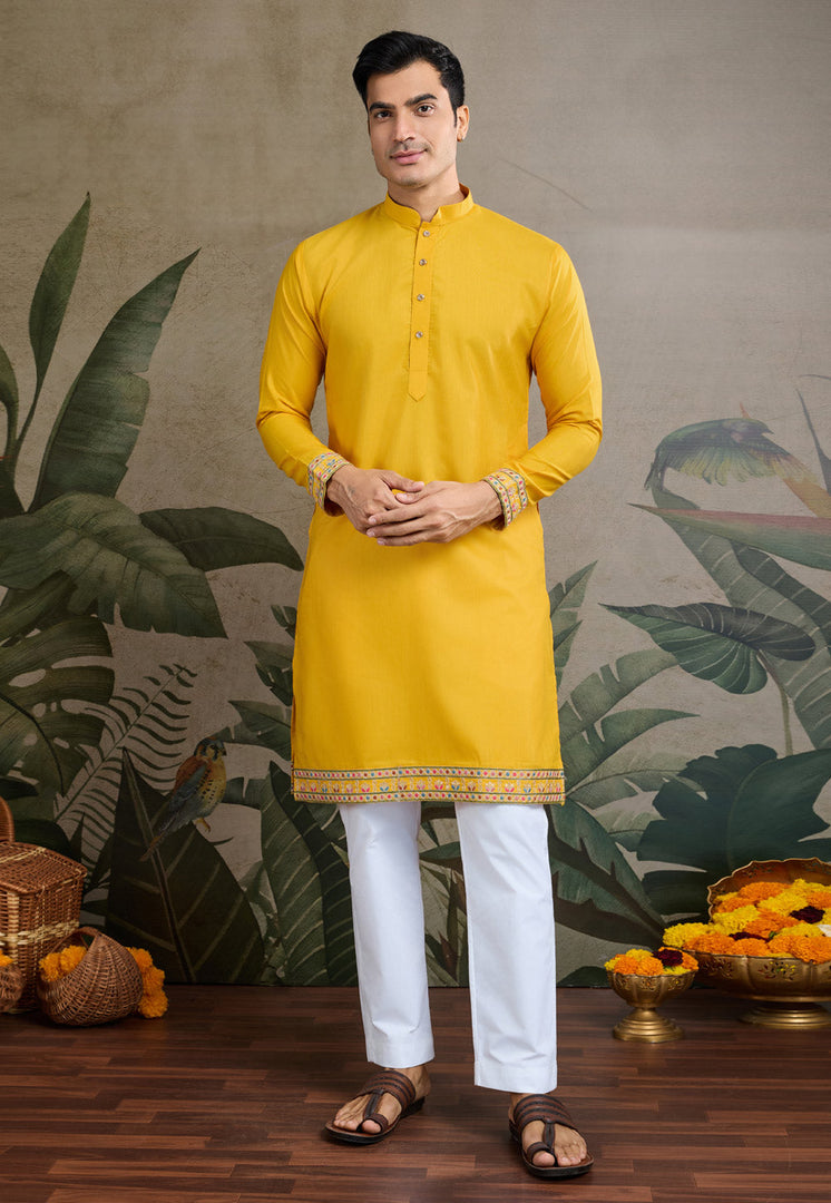 Yellow Cotton Kurta Pajama With Jacket