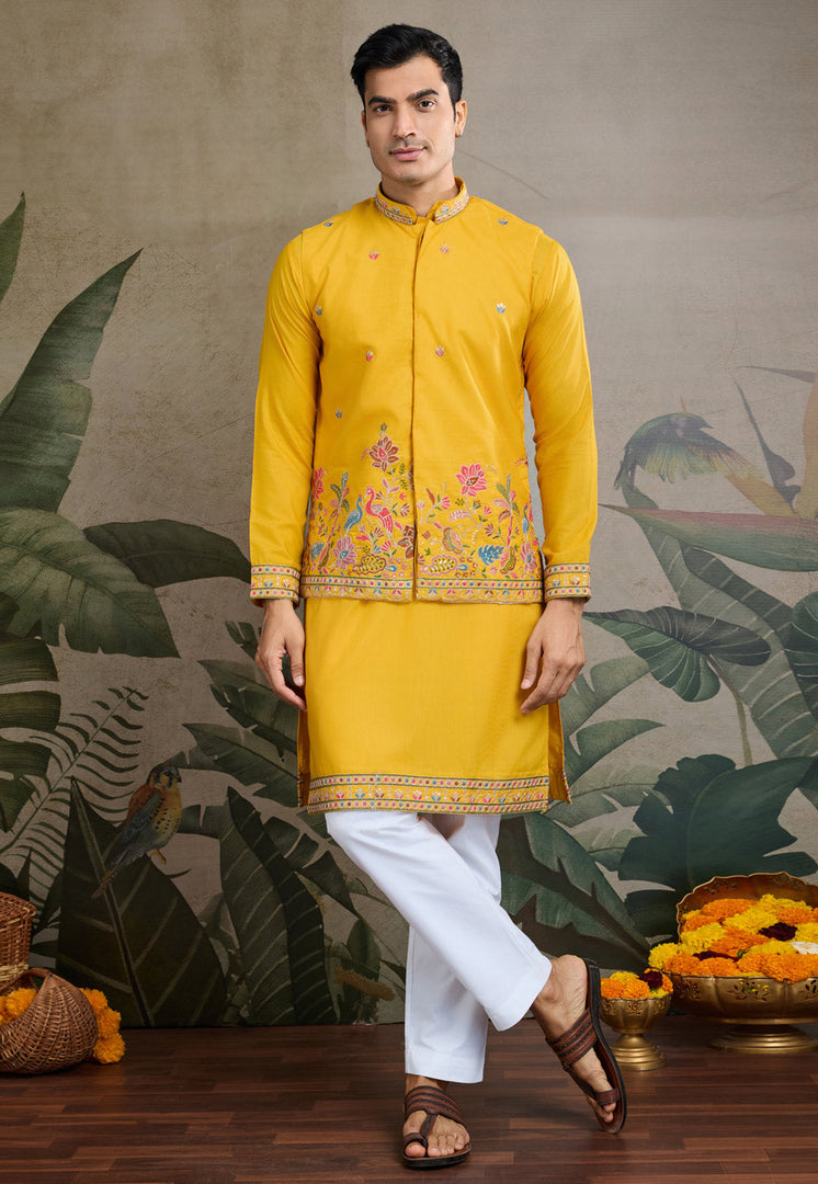 Yellow Cotton Kurta Pajama With Jacket