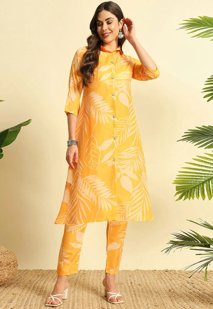 Yellow Cotton Kurta Set With Pent