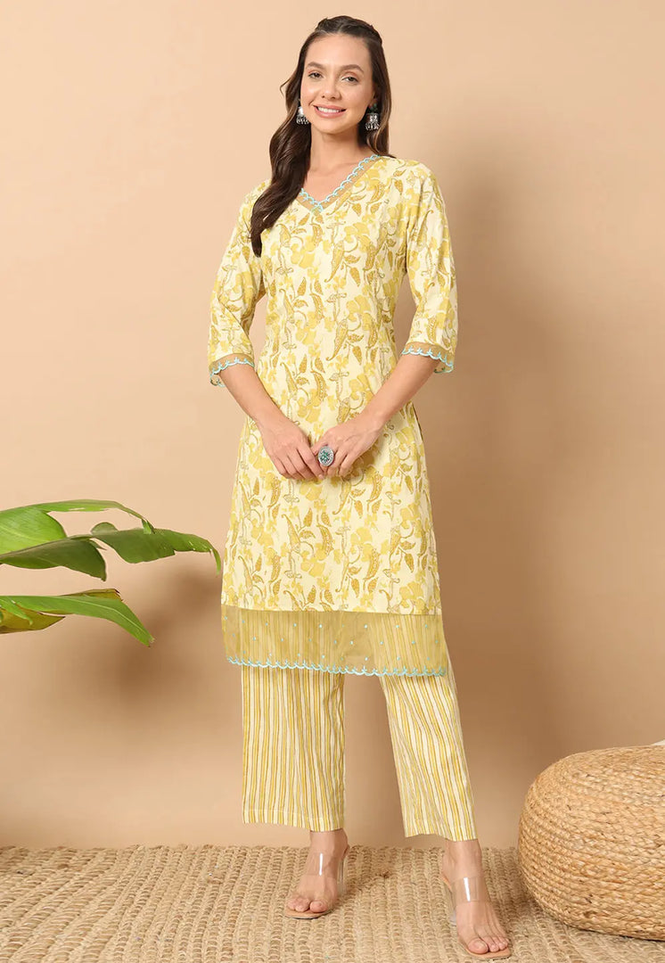 Yellow Cotton Kurta Set With Pent