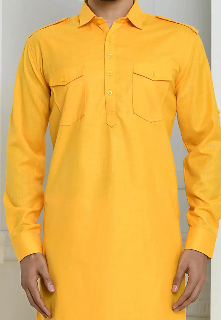 Yellow Cotton Pathani Suit