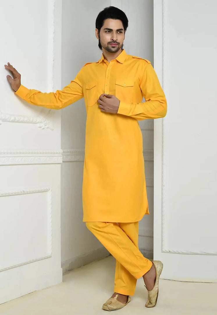 Yellow Cotton Pathani Suit