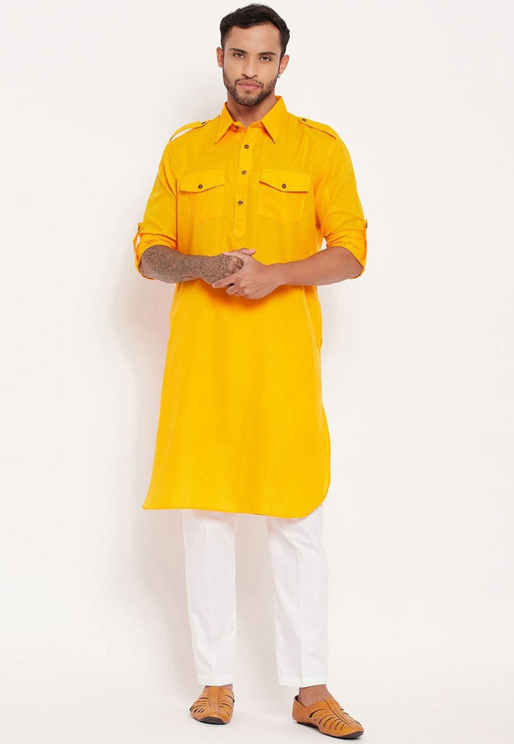 Yellow Cotton Pathani Suit