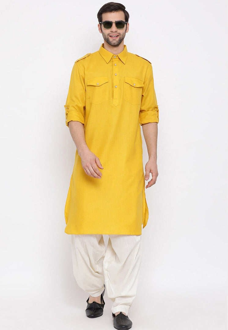 Yellow Cotton Pathani Suit