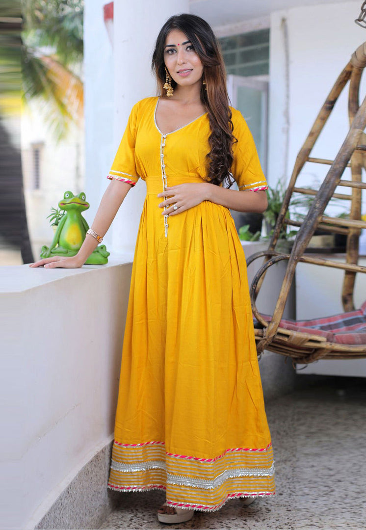 Yellow Cotton Rayon Readymade Anarkali Suit