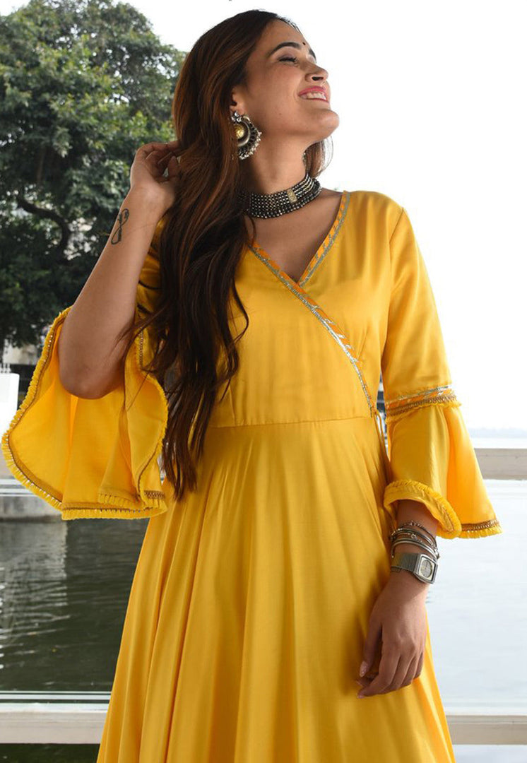 Yellow Cotton Rayon Readymade Long Anarkali Suit