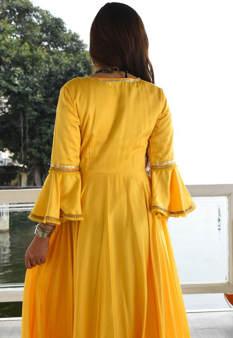 Yellow Cotton Rayon Readymade Long Anarkali Suit