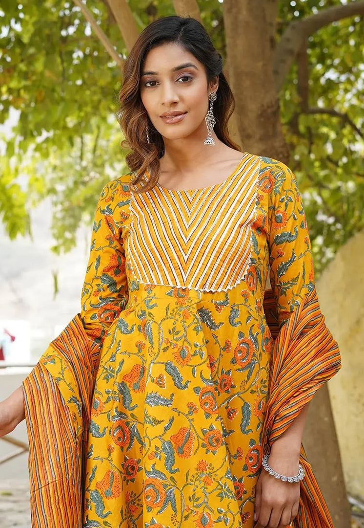 Yellow Cotton Readymade Anarkali Suit