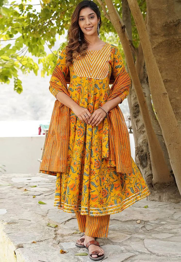 Yellow Cotton Readymade Anarkali Suit