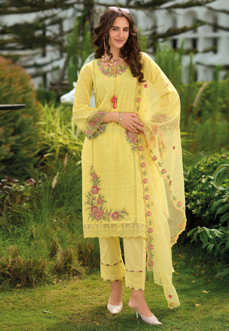 Yellow Cotton Readymade Pakistani Suit