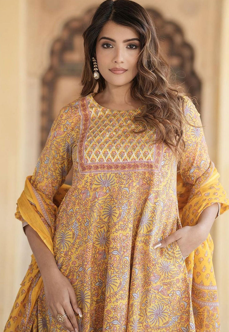 Yellow Cotton Readymade Pant Style Suit