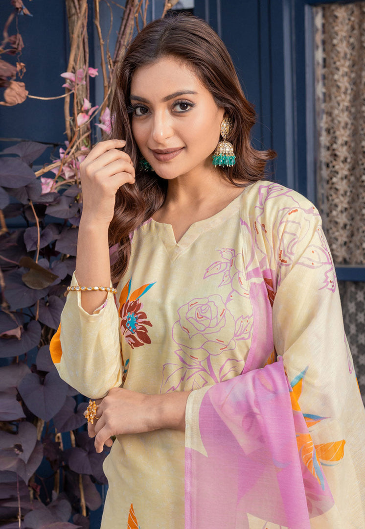 Yellow Cotton Readymade Pant Style Suit