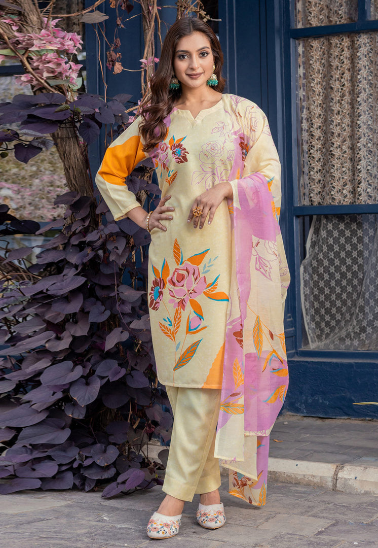 Yellow Cotton Readymade Pant Style Suit
