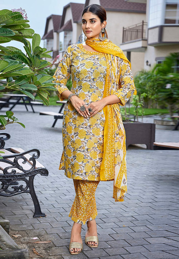 Yellow Cotton Readymade Pant Style Suit