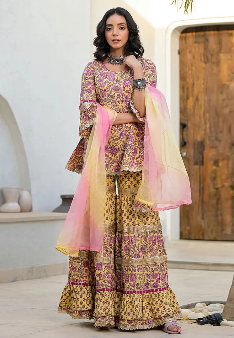 Yellow Cotton Readymade Sharara Suit