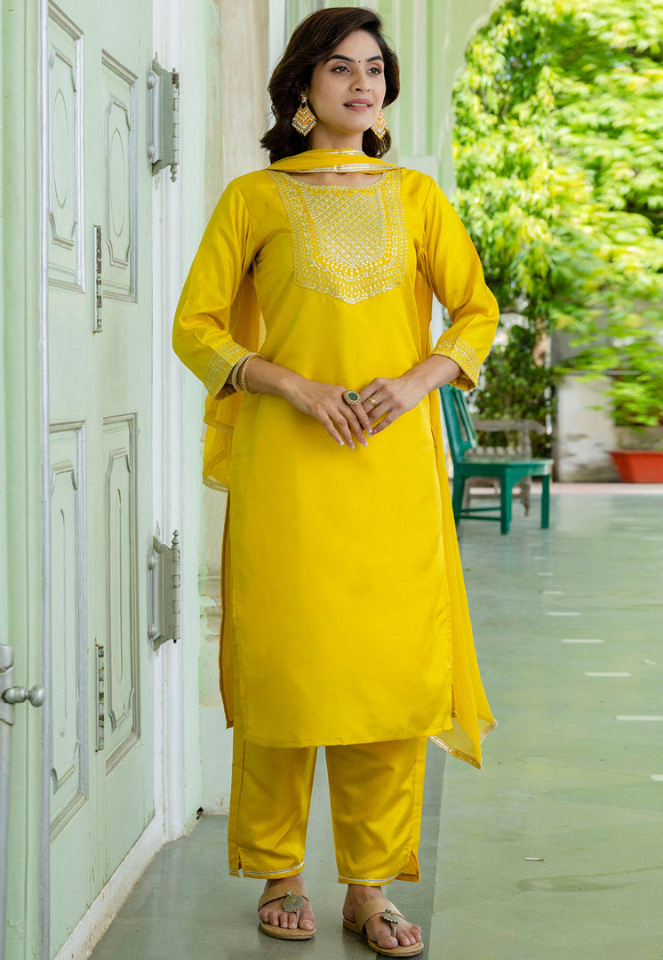 Yellow Cotton Silk Readymade Pakistani Suit