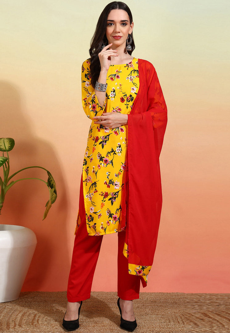 Yellow Crepe Readymade Pant Style Suit