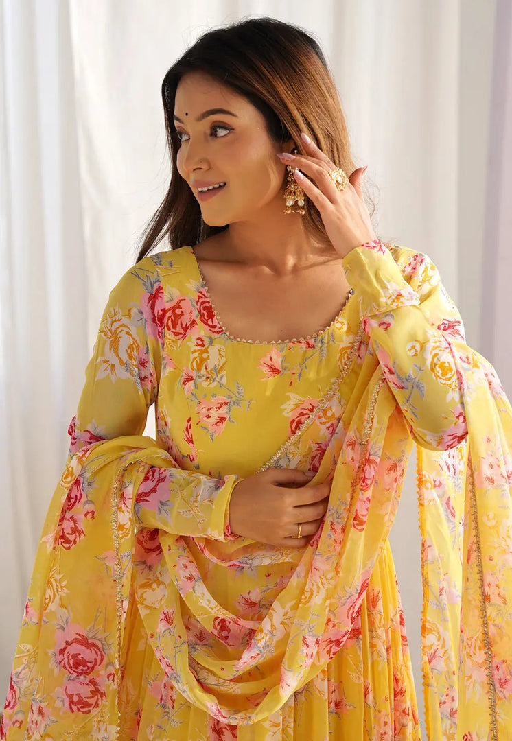 Yellow Faux Georgette Readymade Anarkali Suit