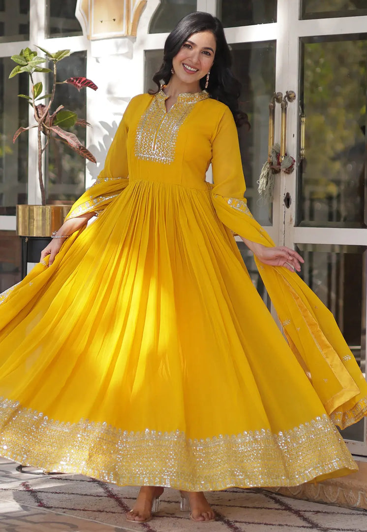 Yellow Faux Georgette Readymade Anarkali Suit