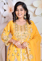 Yellow Faux Georgette Readymade Pant Style Suit