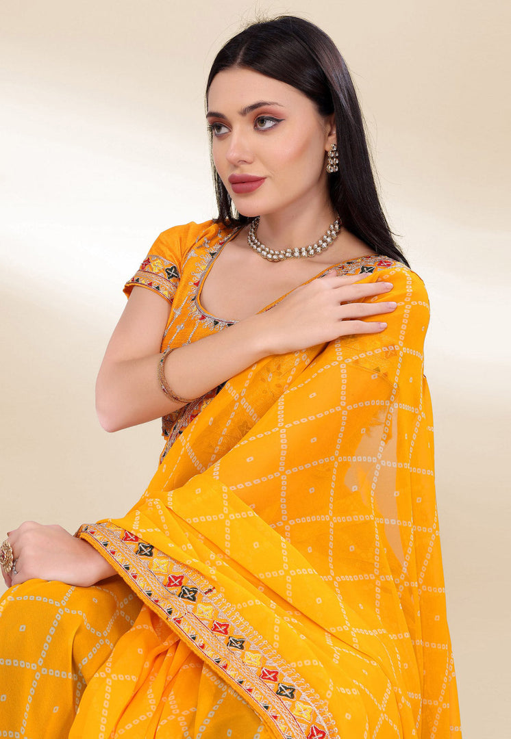 Yellow Georgette Bandhani Print Saree